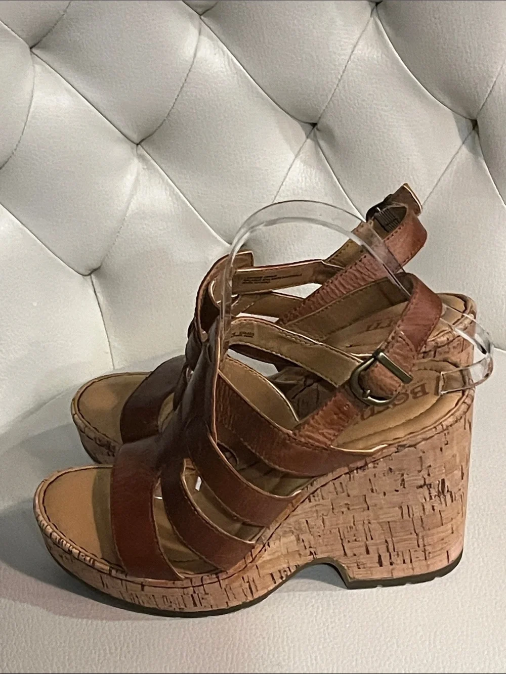 Born Brown Leather Cork Wedge Sandals